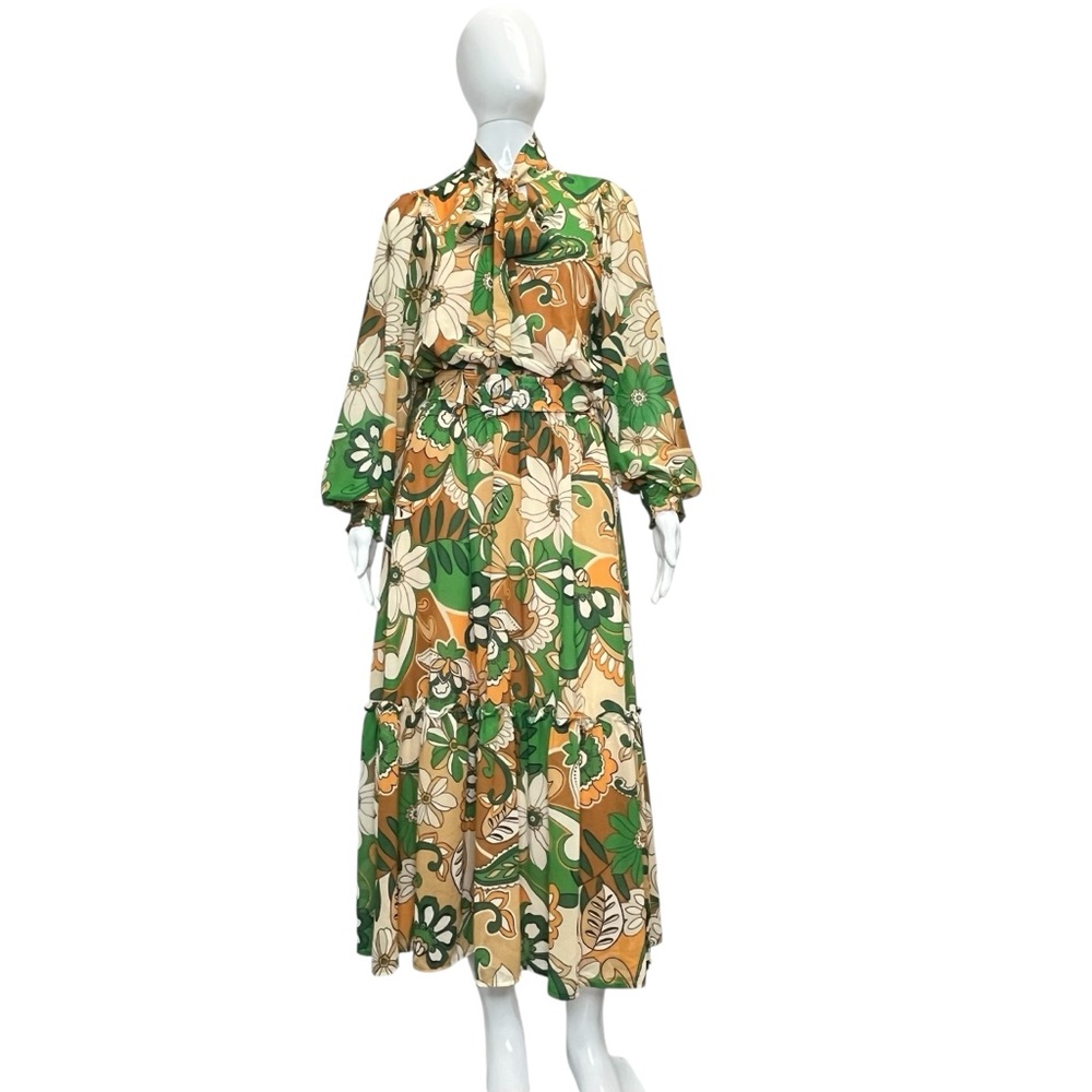 NWT Flying Tomato Floral Tie-Neck Long Balloon Sleeve Tiered Maxi Dress Sz S
